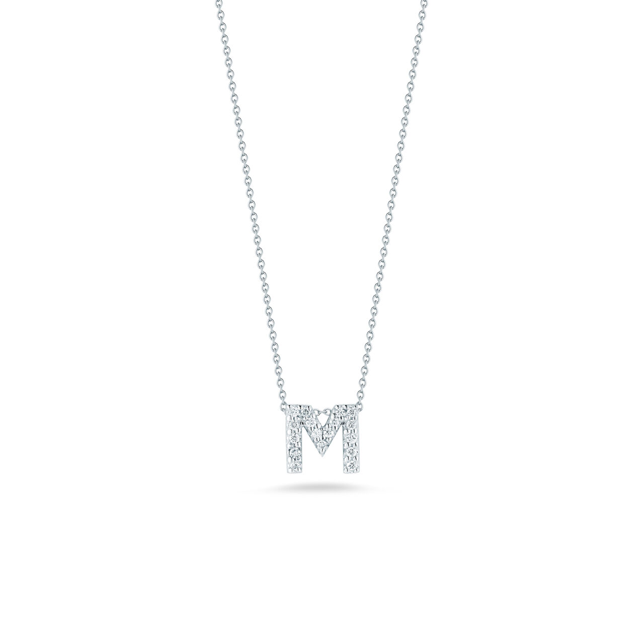maison birks roberto coin tiny treasures love letter m white gold diamondnecklace image number 0