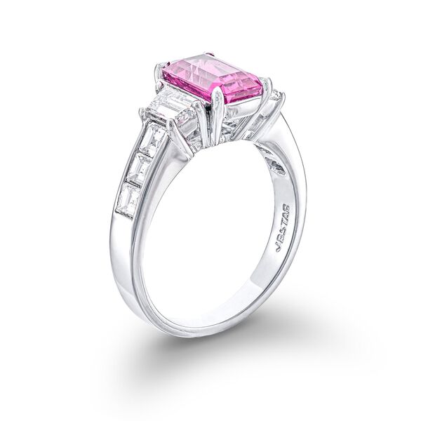 Three-Stone Emerald-Cut Pink Sapphire and Diamond Ring