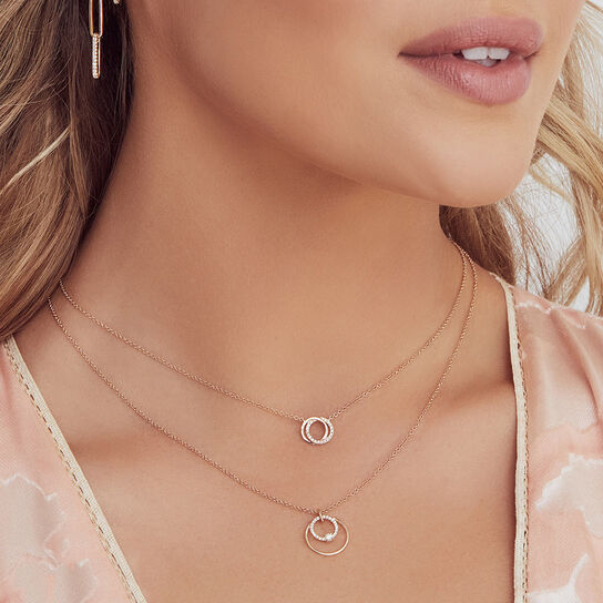 Shy Creation Kate Yellow Gold and Diamond Pavé Double Circle Pendant On Model image number 1