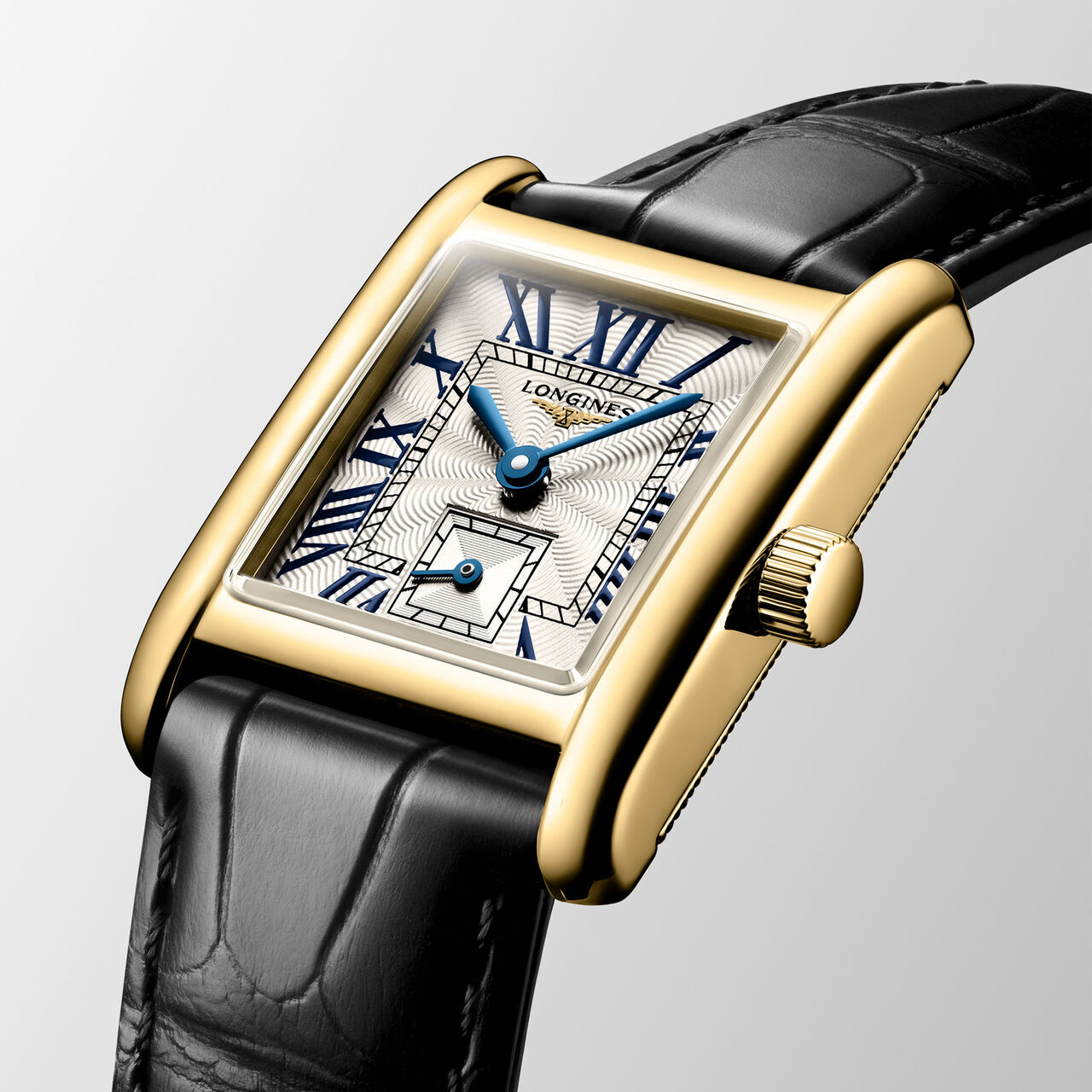 Side angle showing case thickness and black leather strap image number 1