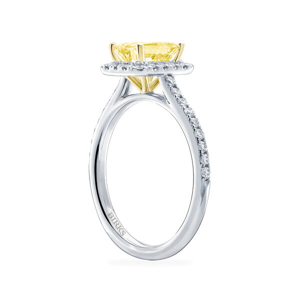 Emerald Cut Yellow Diamond Engagement Ring with Halo and Yellow Gold Pavé Band