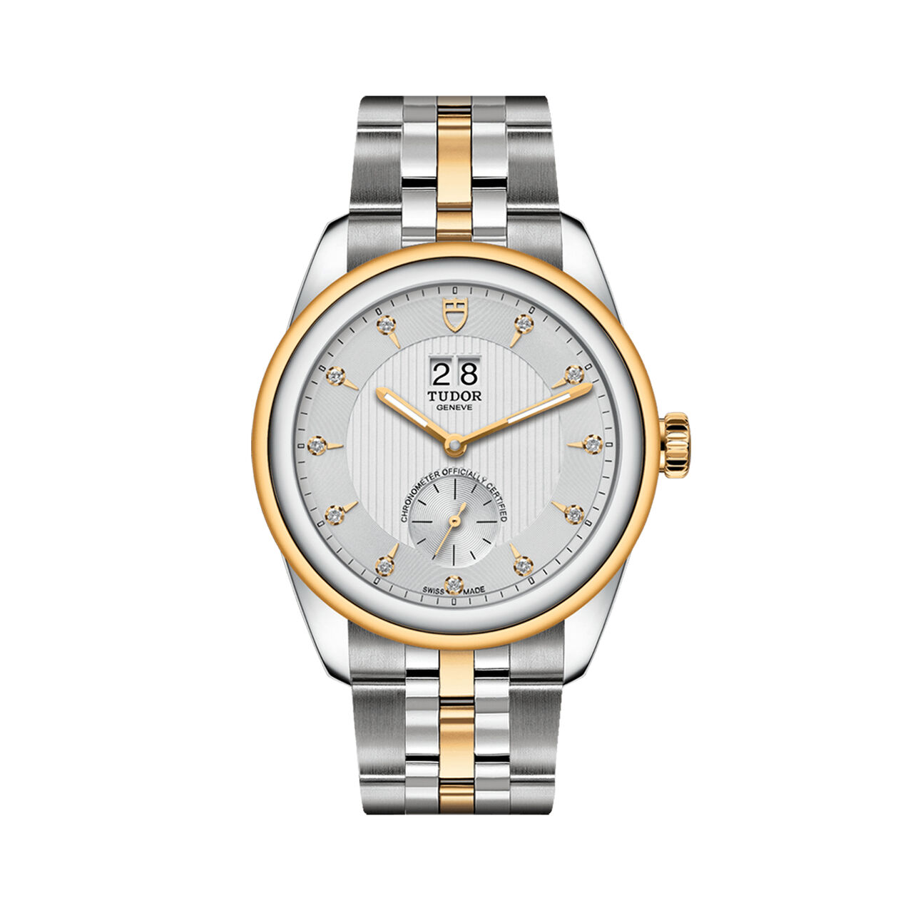 tudor glamour double date 42 mm gold plated diamond set dial steel and gold bracelet m57103 0005 image number 0