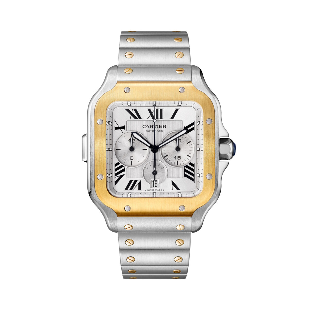 santos de cartier chronograph chronograph gold steel interchangeable metal rubber bracelets w2sa0008 image number 0