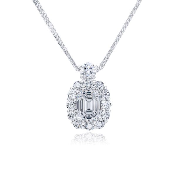 Platinum and Emerald-Cut Diamond Pendant with Diamond Halo