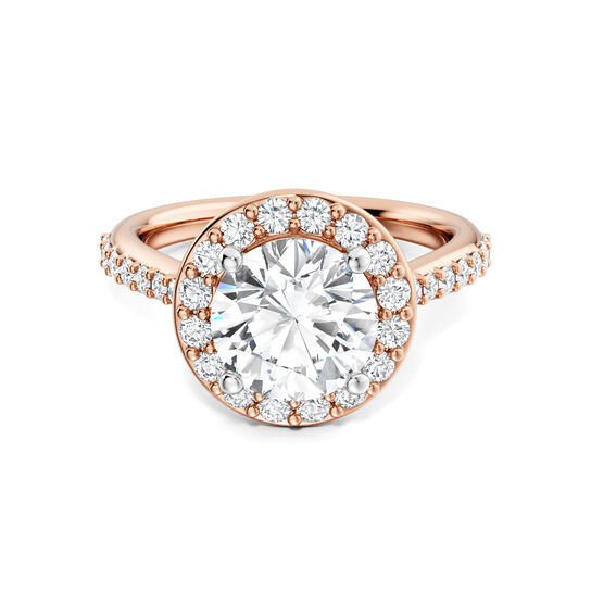 Birks 1879 Round Solitaire Diamond Engagement Ring with Halo and Diamond Band in Rose Gold image number 0