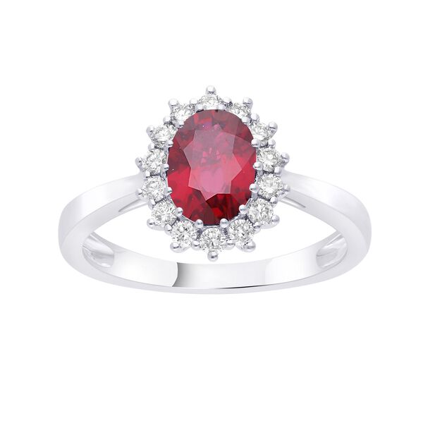 Oval Ruby and Sunburst Diamond Halo Ring