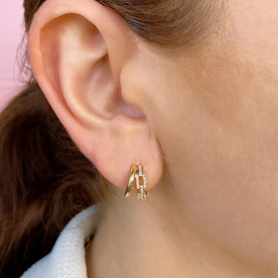 Yellow Gold Link Hoop Earrings with Diamonds On Model image number 1