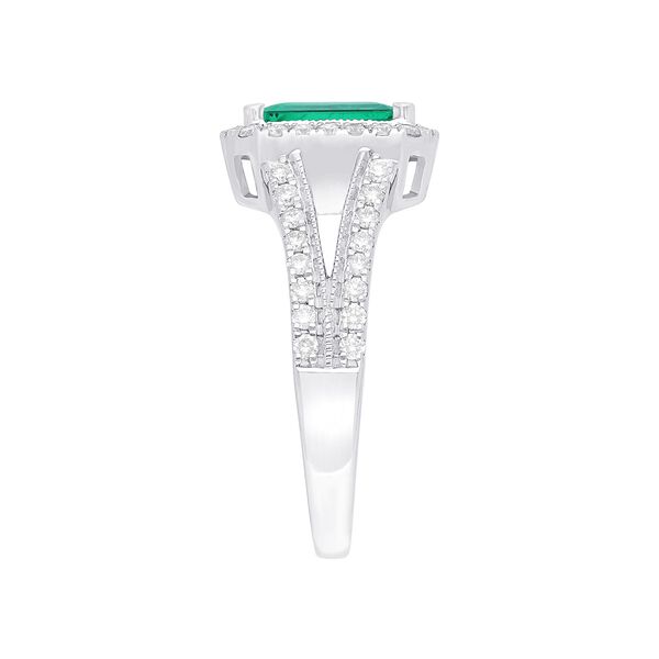Emerald-Cut Emerald Diamond Halo Split Shank Ring