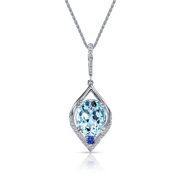 Pendentif aigue-marine coupe oval avec saphir et diamants