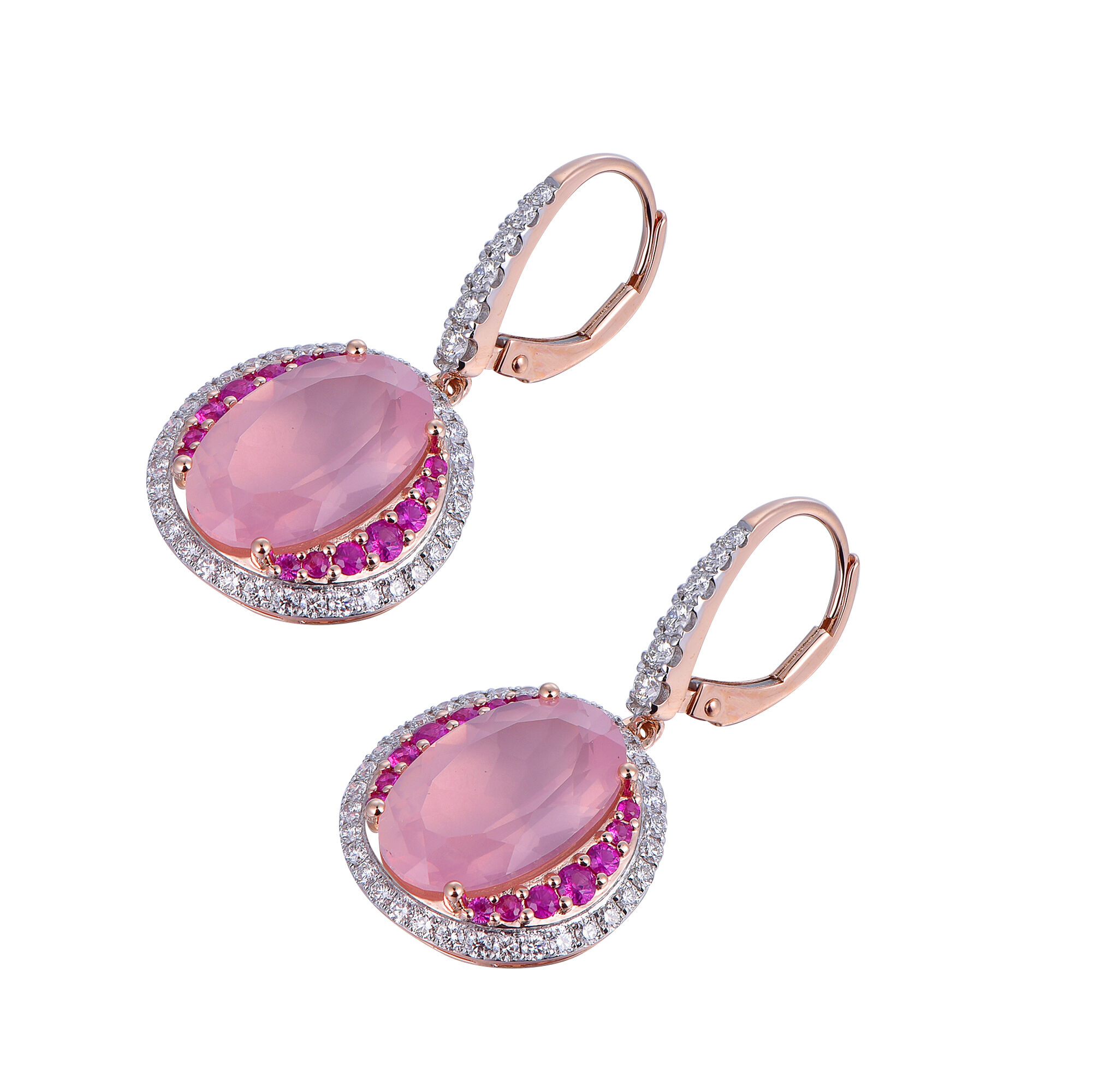 Rose Quartz Earrings with Pink Sapphire and Diamond Accents in Rose Gold