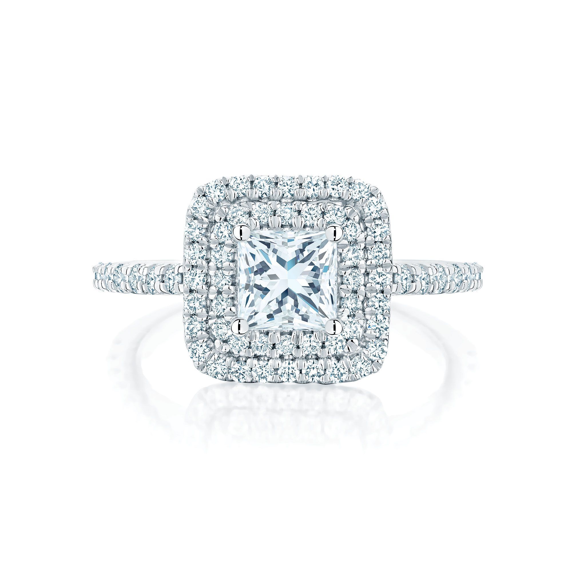 Princess Cut Diamond Engagement Ring with Double Halo and Pav