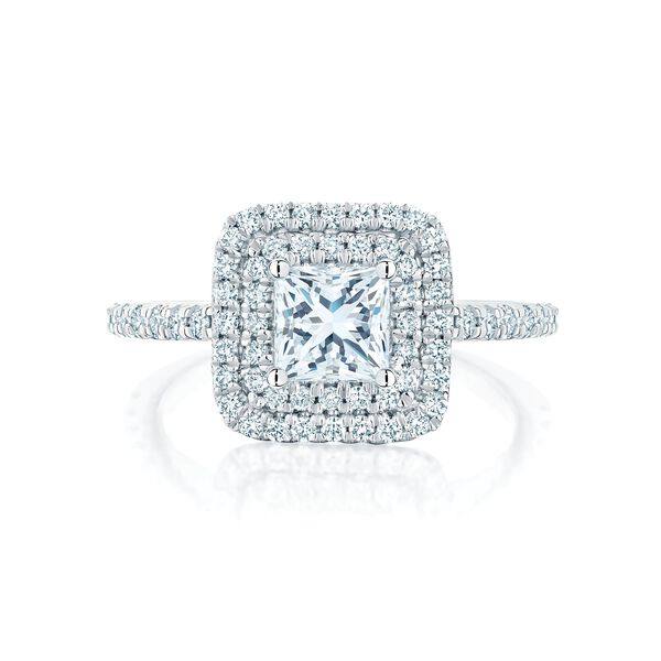 Princess Cut Diamond Engagement Ring with Double Halo and Pavé Band