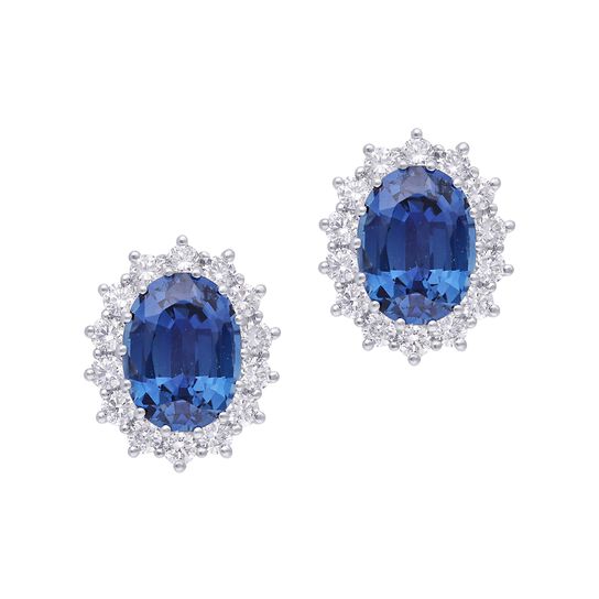 Oval Blue Sapphire and Sunburst Diamond Halo Stud Earrings image number 0