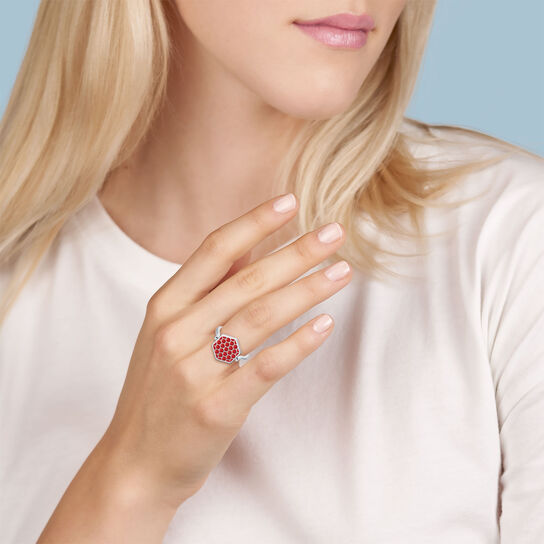 Bague hexagonale réversible en émail rouge en argent sterling image number 4