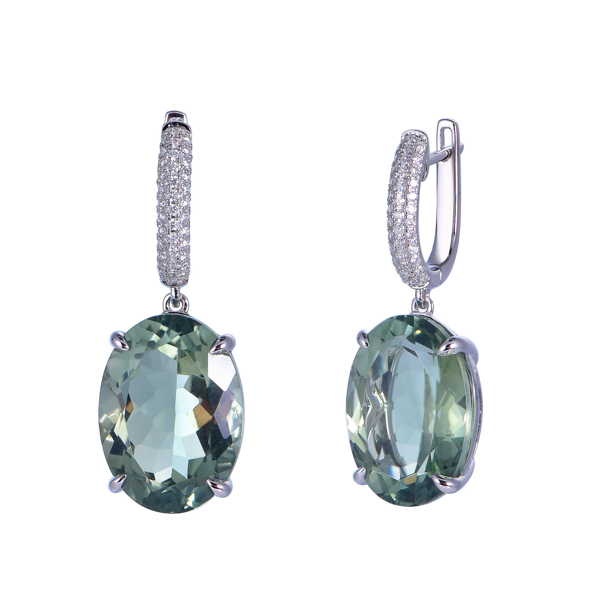 Green Amethyst Earrings in White Gold