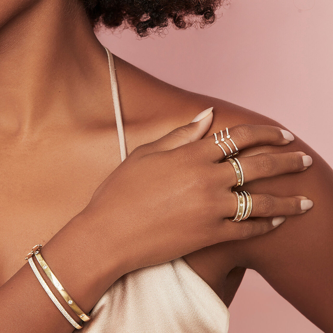 Shy Creation Yellow Gold and Diamond Half Pavé Band SC55002543 on Model image number 3