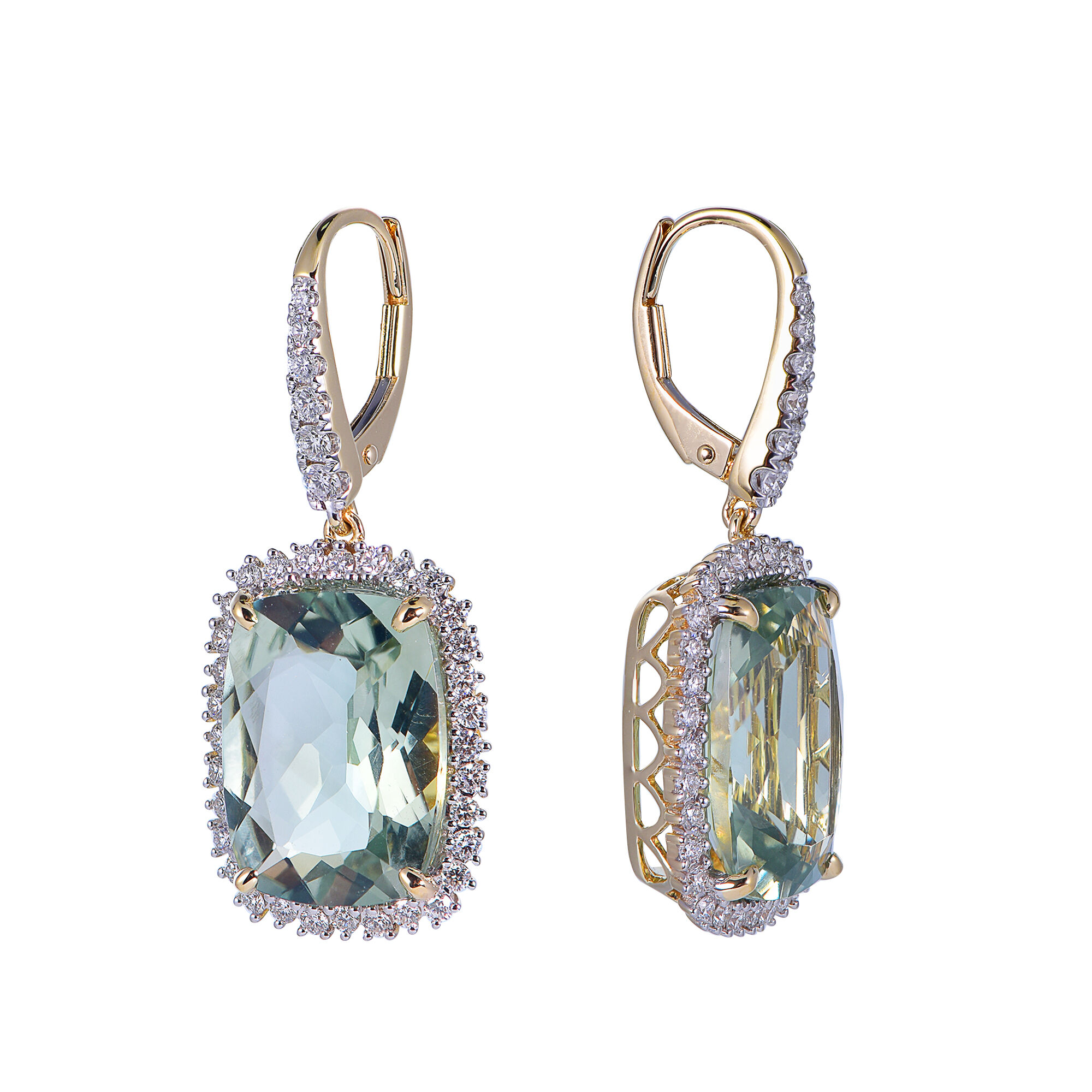 Green Amethyst Earrings in Yellow Gold