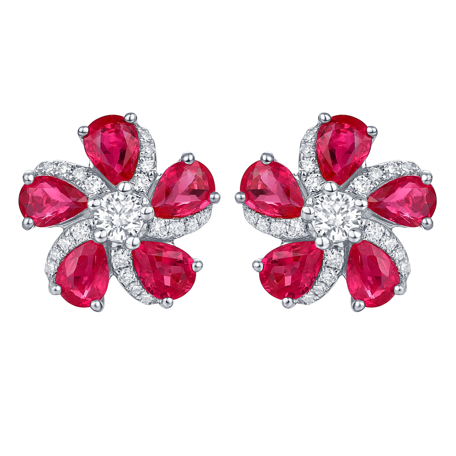Ruby and Diamond Flower Earrings in White Gold