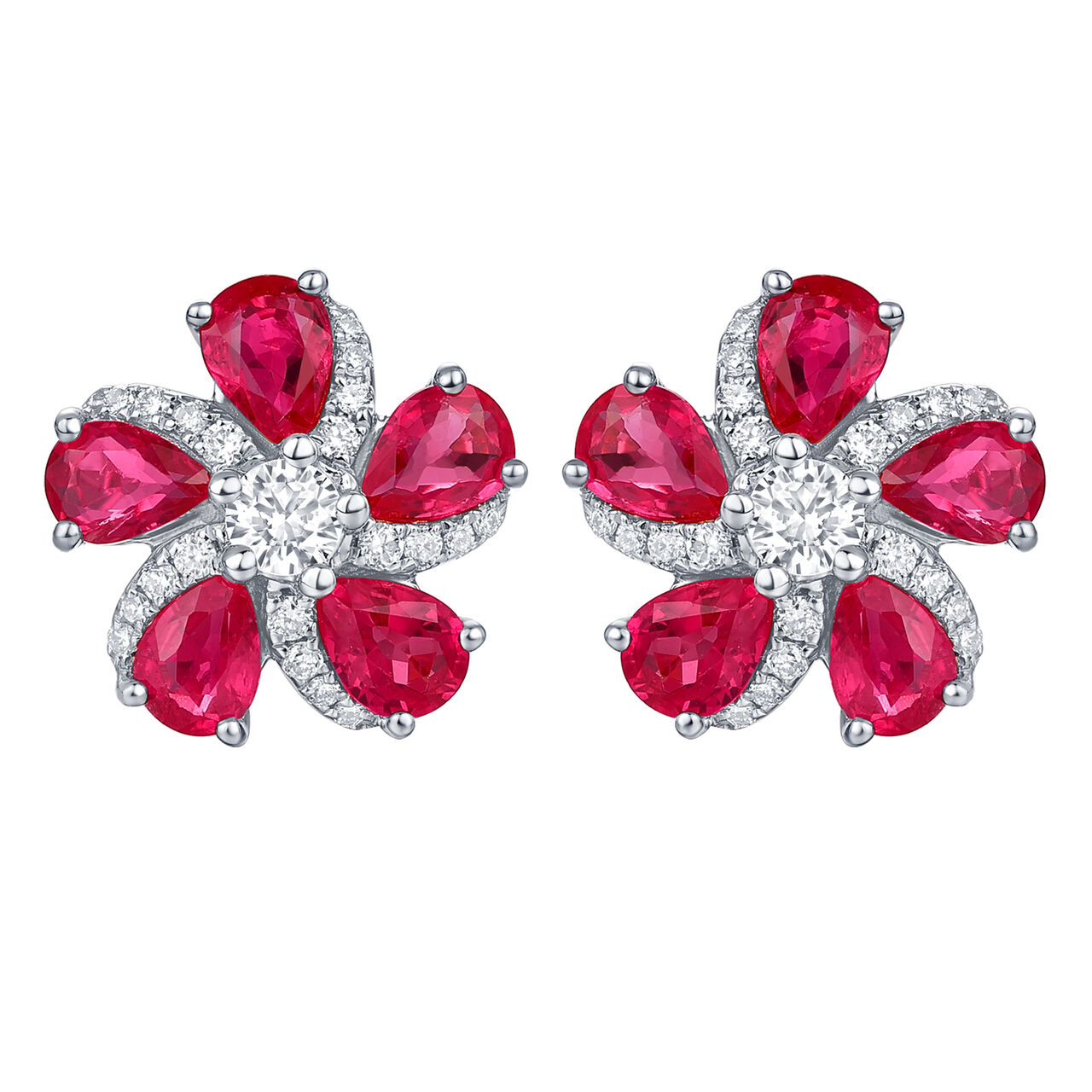 Ruby and Diamond Flower Earrings in White Gold image number 0