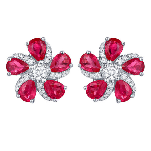 Boucles d'Oreilles Fleur de Rubis et Diamants en Or Blanc
