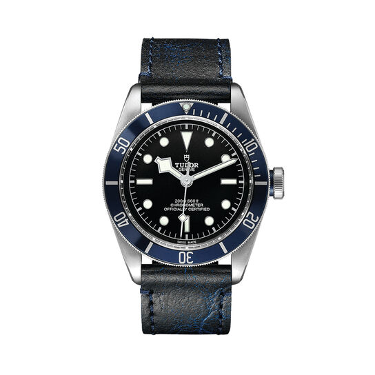tudor black bay 41 mm steel case blue aged leather strap black with grey index dial m79230b 0007 image number 0