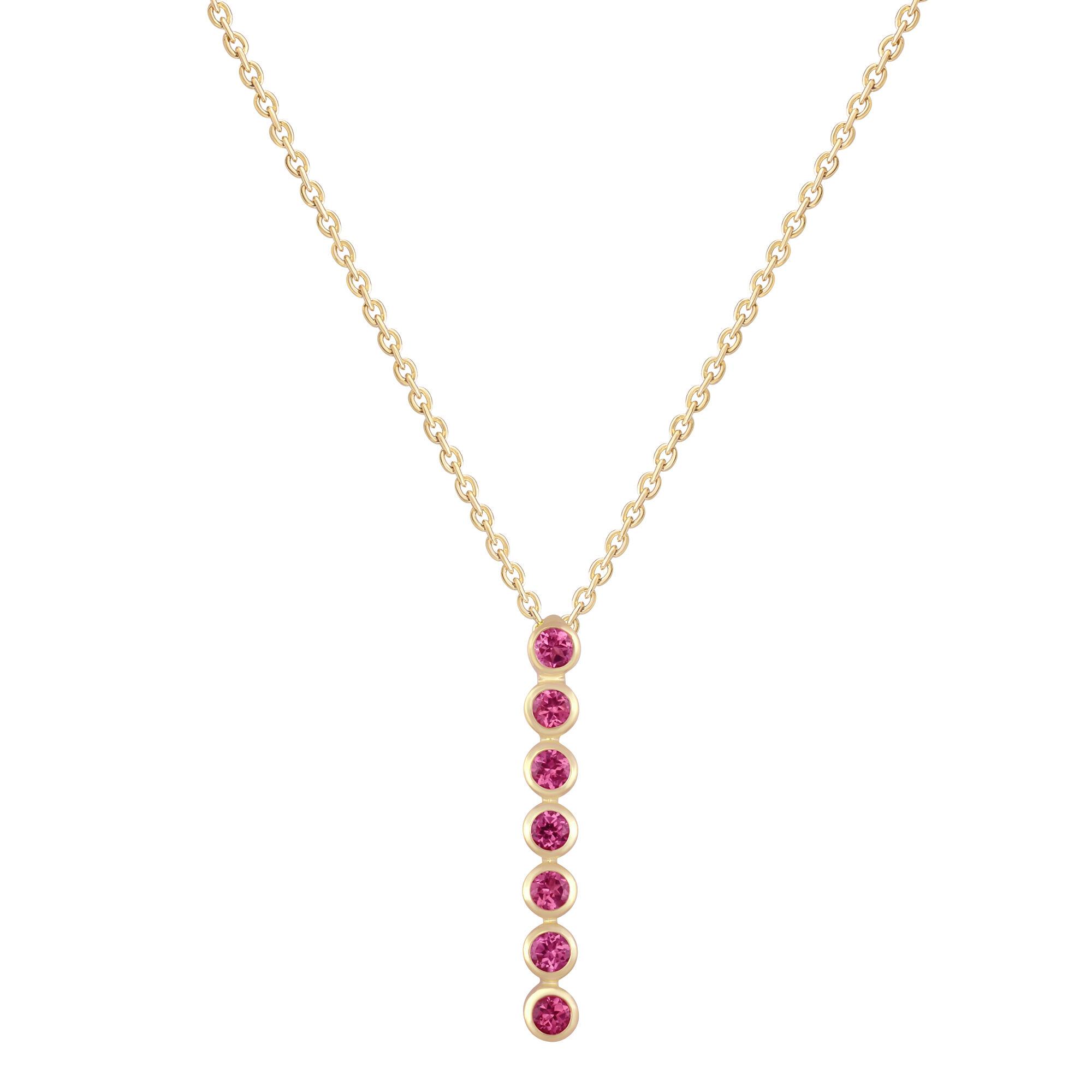 Oval Pink Tourmaline Vertical Bar Pendant in Yellow Gold