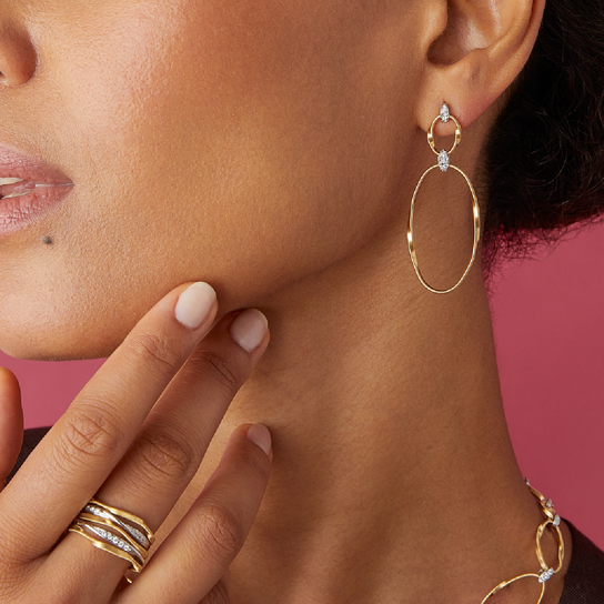 Marco Bicego Marrakech Onde Yellow Gold Diamond Double Drop Earrings On Model image number 1