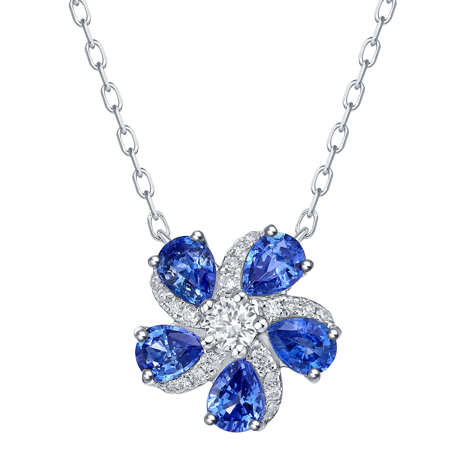 Sapphire and Diamond Flower Pendant in White Gold