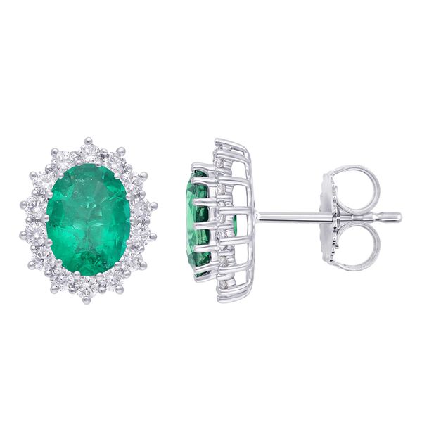 Oval Emerald and Sunburst Diamond Halo Stud Earrings