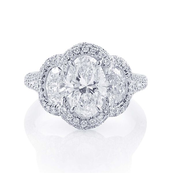 Three-Stone Oval-Cut Diamond Engagement Ring With Halo