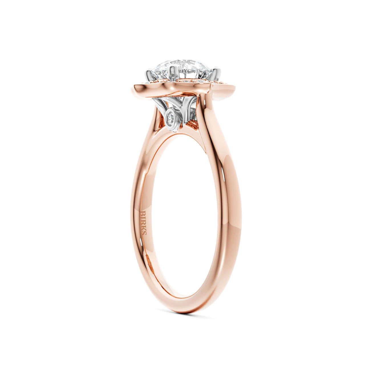 Birks 1879 Heirloom Round Solitaire Diamond Engagement Ring with Halo and Rose Gold Diamond Band image number 1