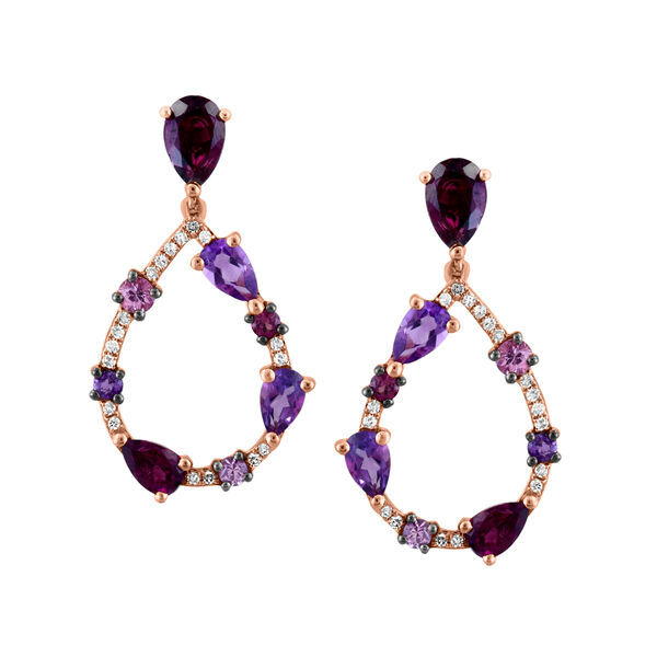 Pink Sapphire, Amethyst, and Rhodolite Earrings with Diamond Accents