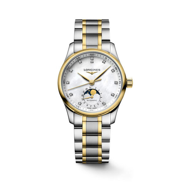 Master 34 mm phase de lune automatique en acier inoxydable, or jaune et diamants