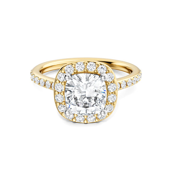 Cushion-Cut Diamond Engagement Ring with Halo and Pav&eacute; Band in Yellow Gold