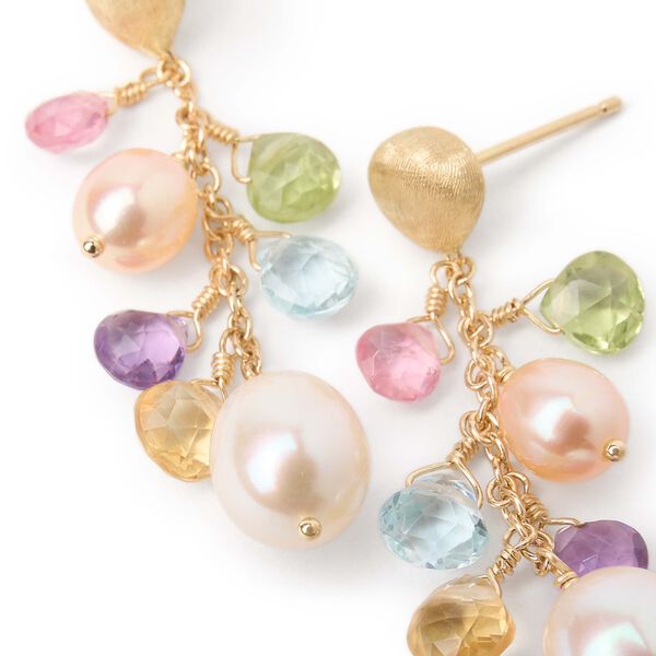 Boucles d'oreilles pendentives Paradise en or jaune avec pierres de couleur et perles
