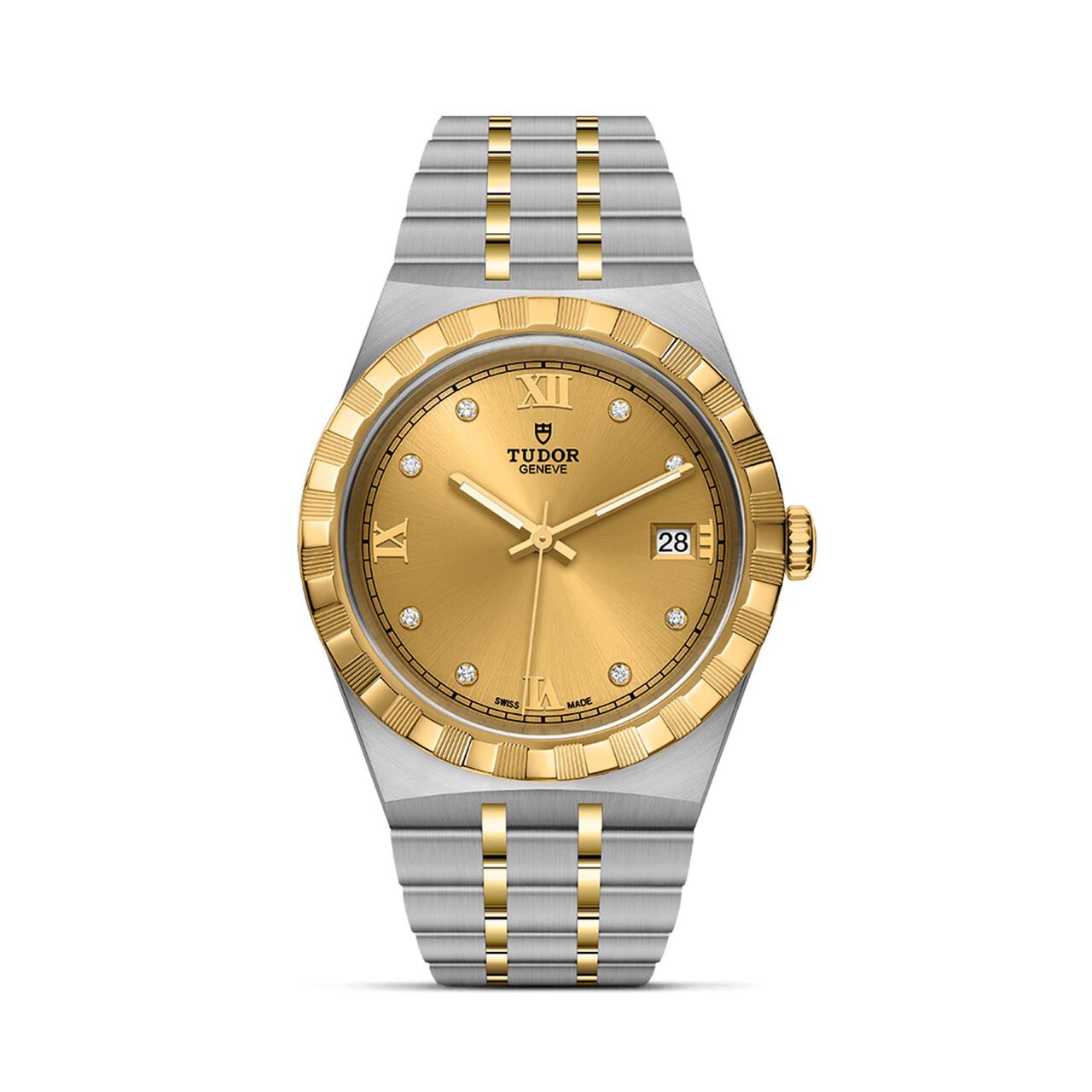 tudor royal 38 mm steel case champagne diamond set dial steel and gold bracelet m28503 0005 image number 0
