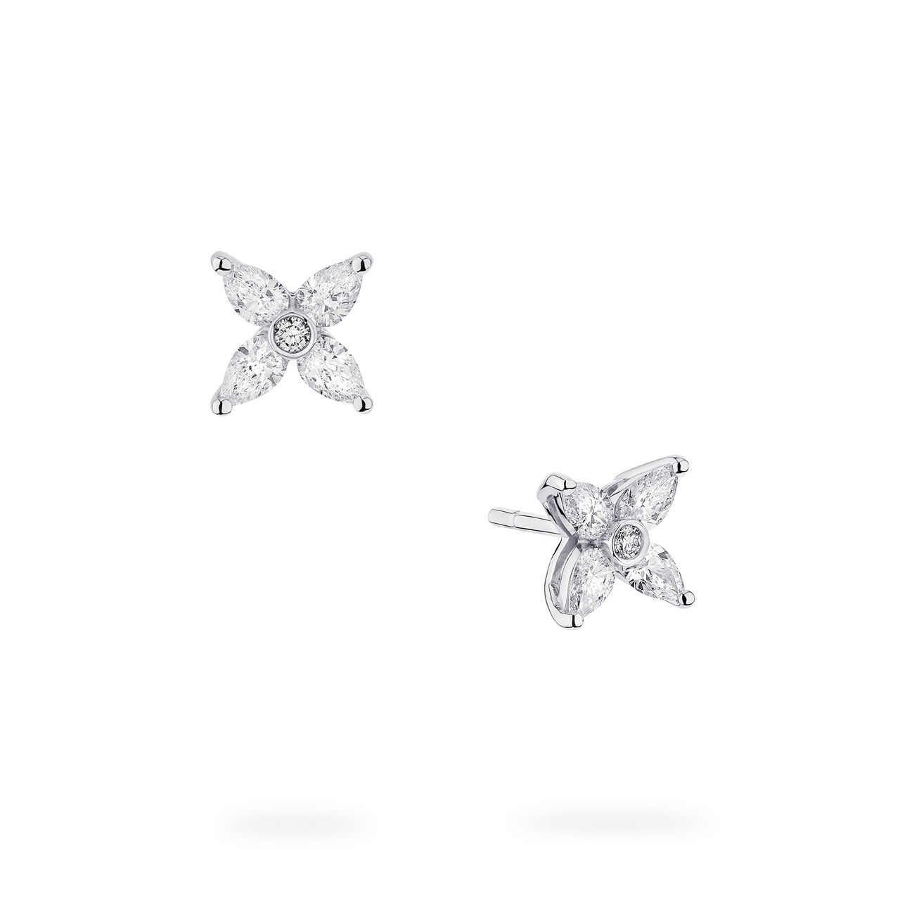 Front and side view of Birks Essentials Floral Diamond Stud Earrings in white gold image number 0