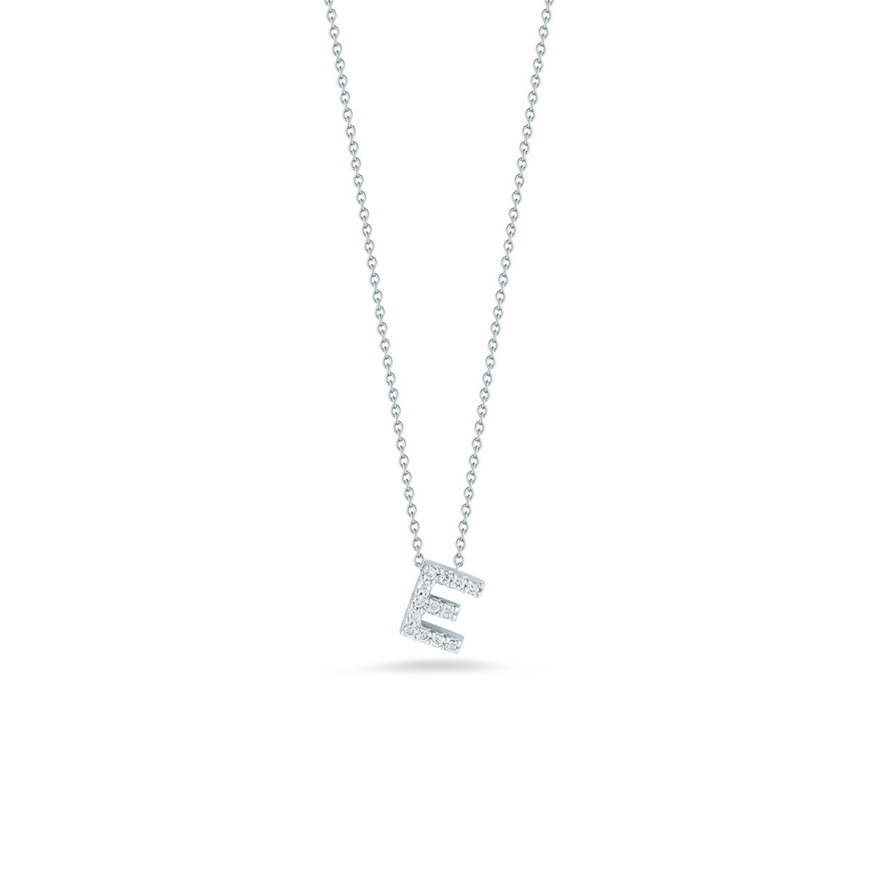 maison birks roberto coin tiny treasures love letter e white gold diamond necklace image number 0