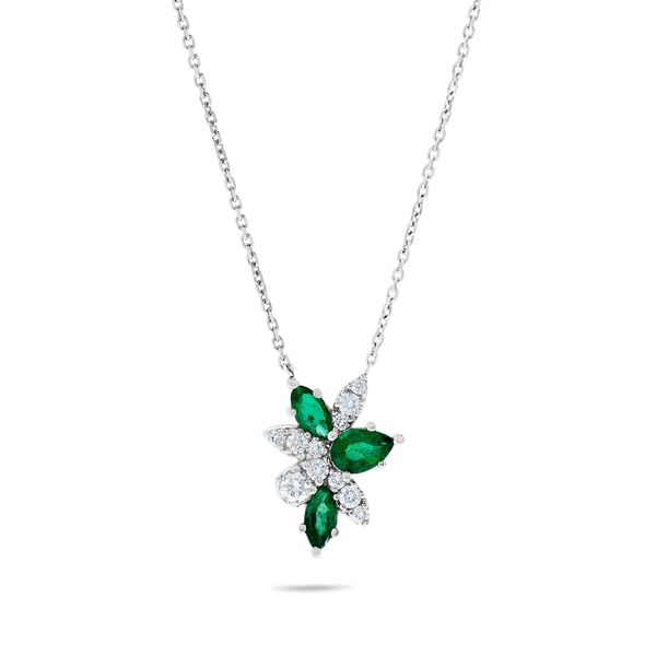White Gold Emerald and Diamond Floral Pendant