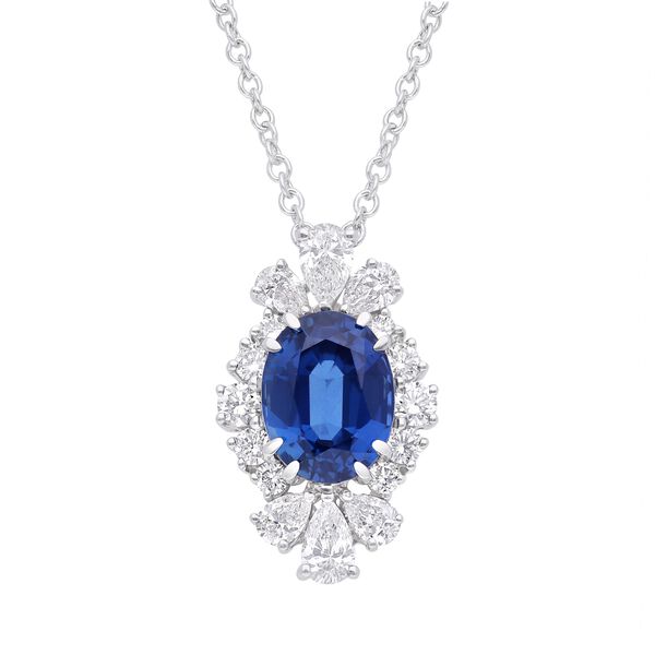 Fancy Oval Sapphire and Diamond Halo Pendantt