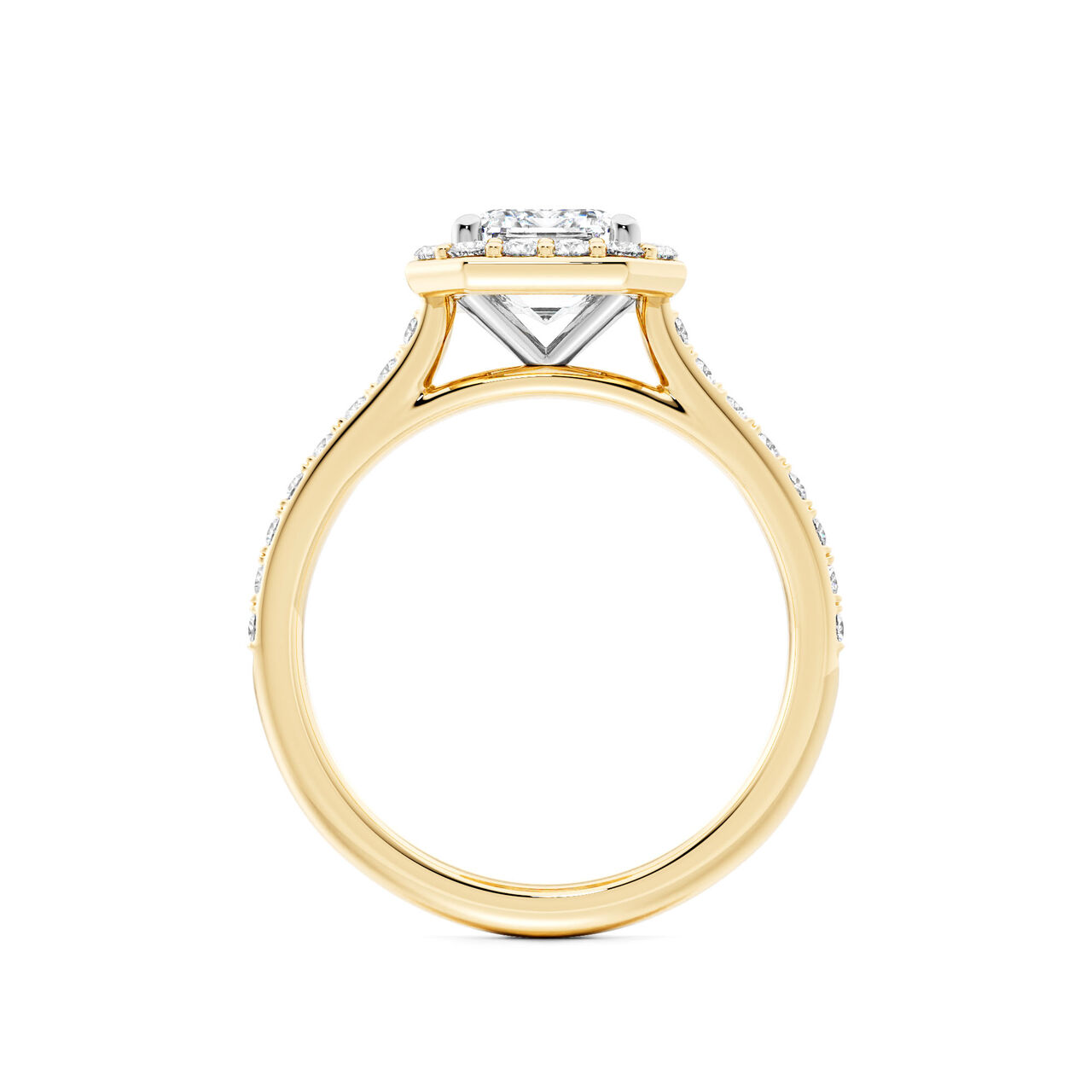 Birks Ros&eacute;e du Matin Yellow Gold Emerald Cut Diamond Engagement Ring with Halo and Pav&eacute; Band image number 2
