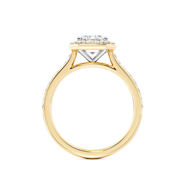 Yellow Gold Emerald Cut Diamond Engagement Ring with Halo and Pav&eacute; Band