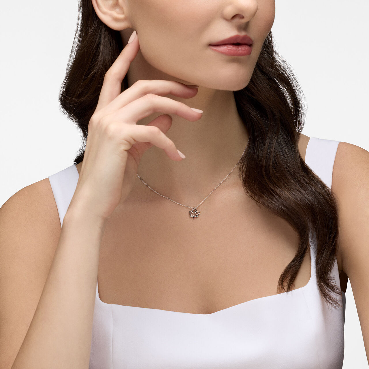 Birks Essentials Maple Leaf Pendant, Sterling Silver on model image number 1