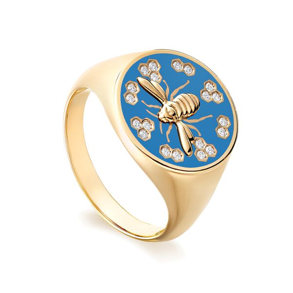 Large Blue Enamel and Diamond Round Signet Ring in Yellow Gold