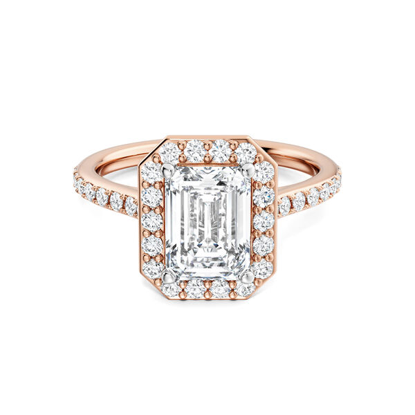 Rose Gold Emerald-Cut Diamond Engagement Ring with Halo and Pav&eacute; Band