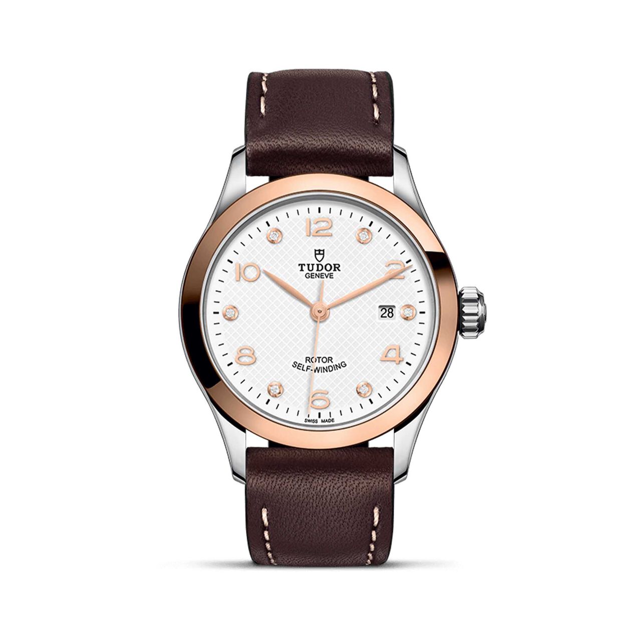 Tudor 1926 Boîtier en acier 28 mm^ cadran blanc serti de diamants^ bracelet en cuir brun^ lunette en or rose image number 0
