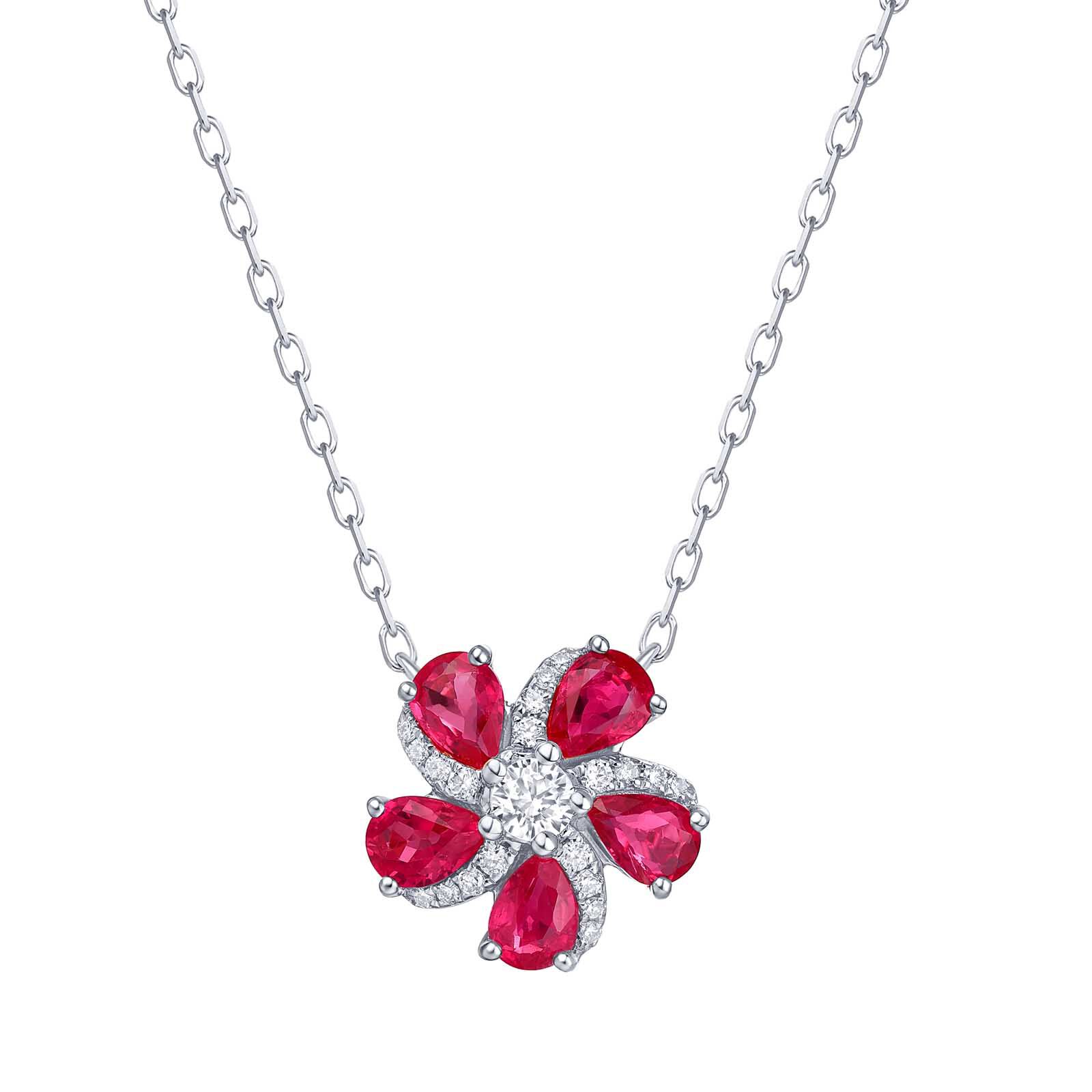 Ruby and Diamond Flower Pendant in White Gold