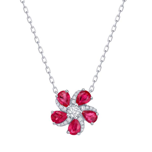 Pendentif Fleur de Rubis et Diamants en Or Blanc