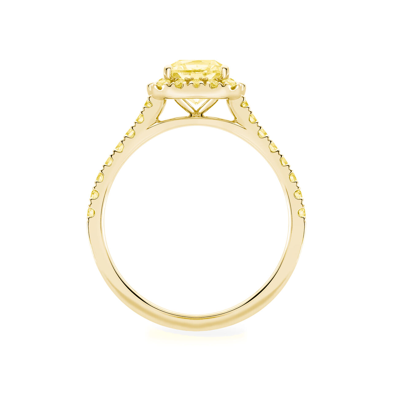 Birks Rosée du Matin Cushion Cut Yellow Diamond Engagement Ring with Halo and Pavé Yellow Gold Band Side image number 2