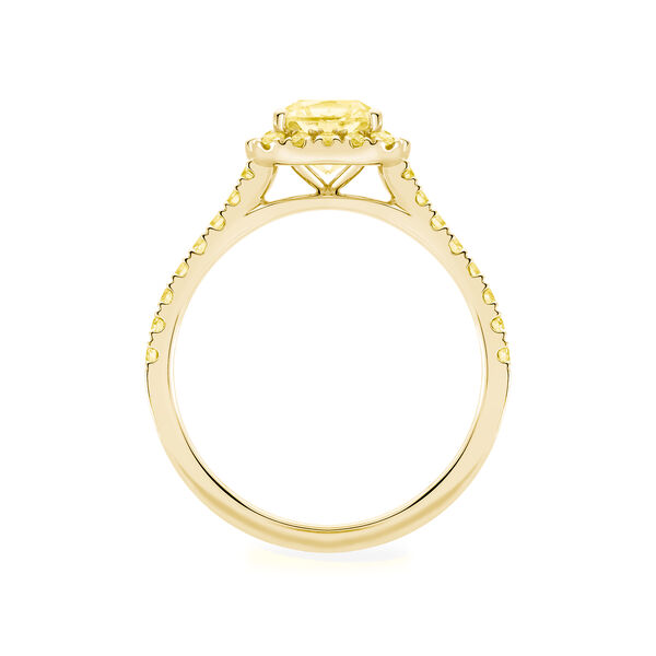 Bague de fiançailles avec diamant jaune de coupe coussin à double halo et anneau en or jaune pavé de diamants